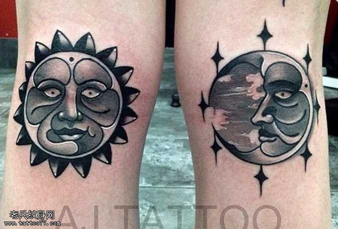 腿部太阳月亮纹身图案