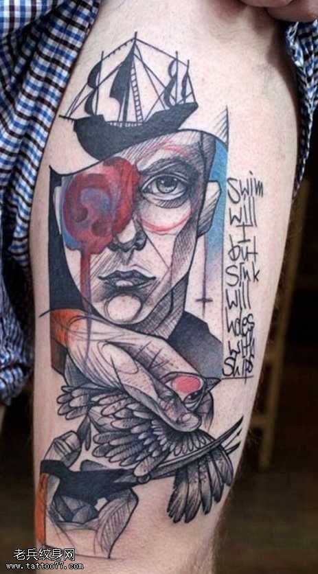 腿部风格人物纹身图案