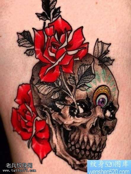 手臂骷髅头玫瑰花纹身图案