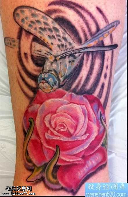 腿部玫瑰蜻蜓纹身图案