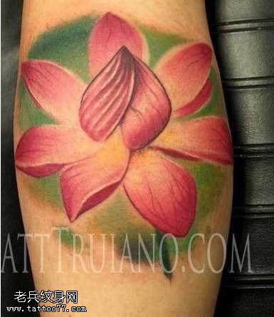 腿部3D彩色莲花纹身图案