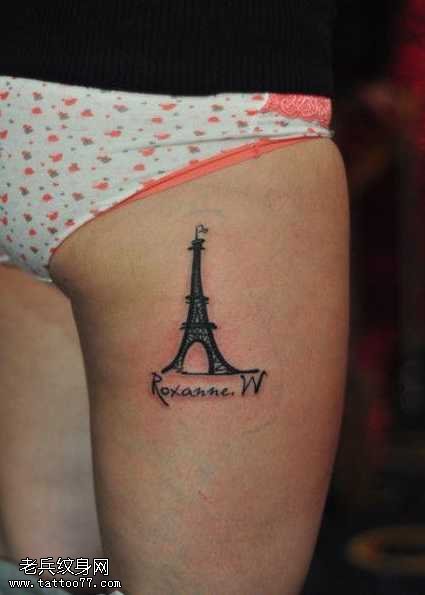 腿部巴黎铁塔纹身图案