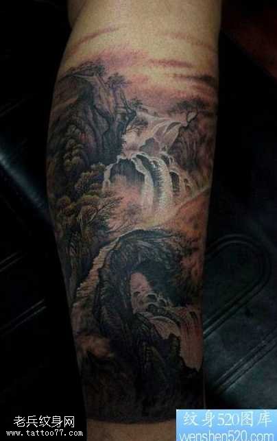 腿部山水画纹身图案
