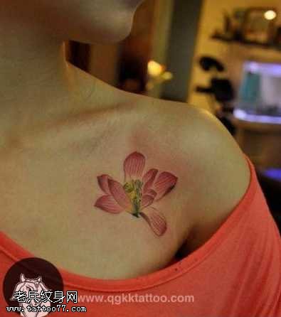 胸部好看的彩色莲花纹身图案