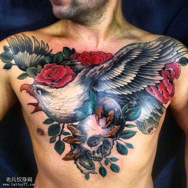 胸部老鹰玫瑰纹身图案