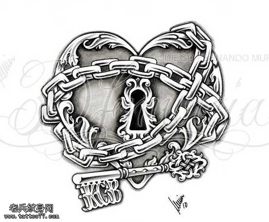 手稿唯美心锁纹身图案