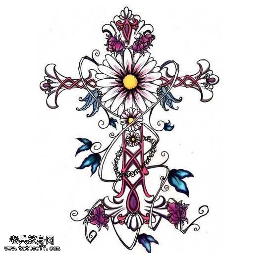 手稿十字架花朵纹身图案