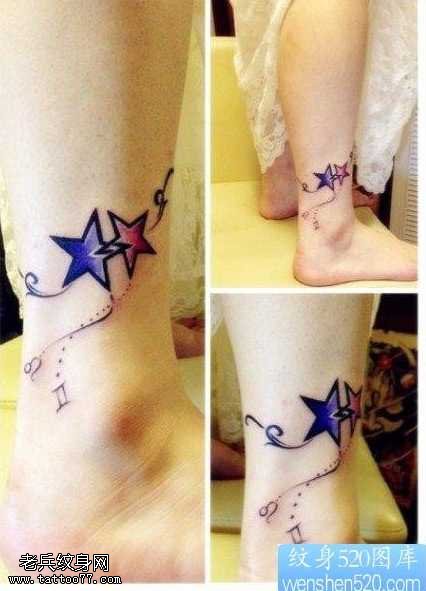 腿部好看的五角星藤蔓纹身图案