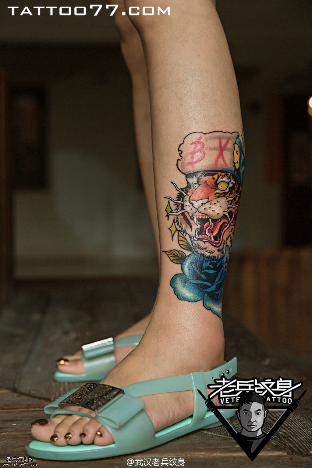 小腿老虎玫瑰花纹身图案作品遮盖旧纹身