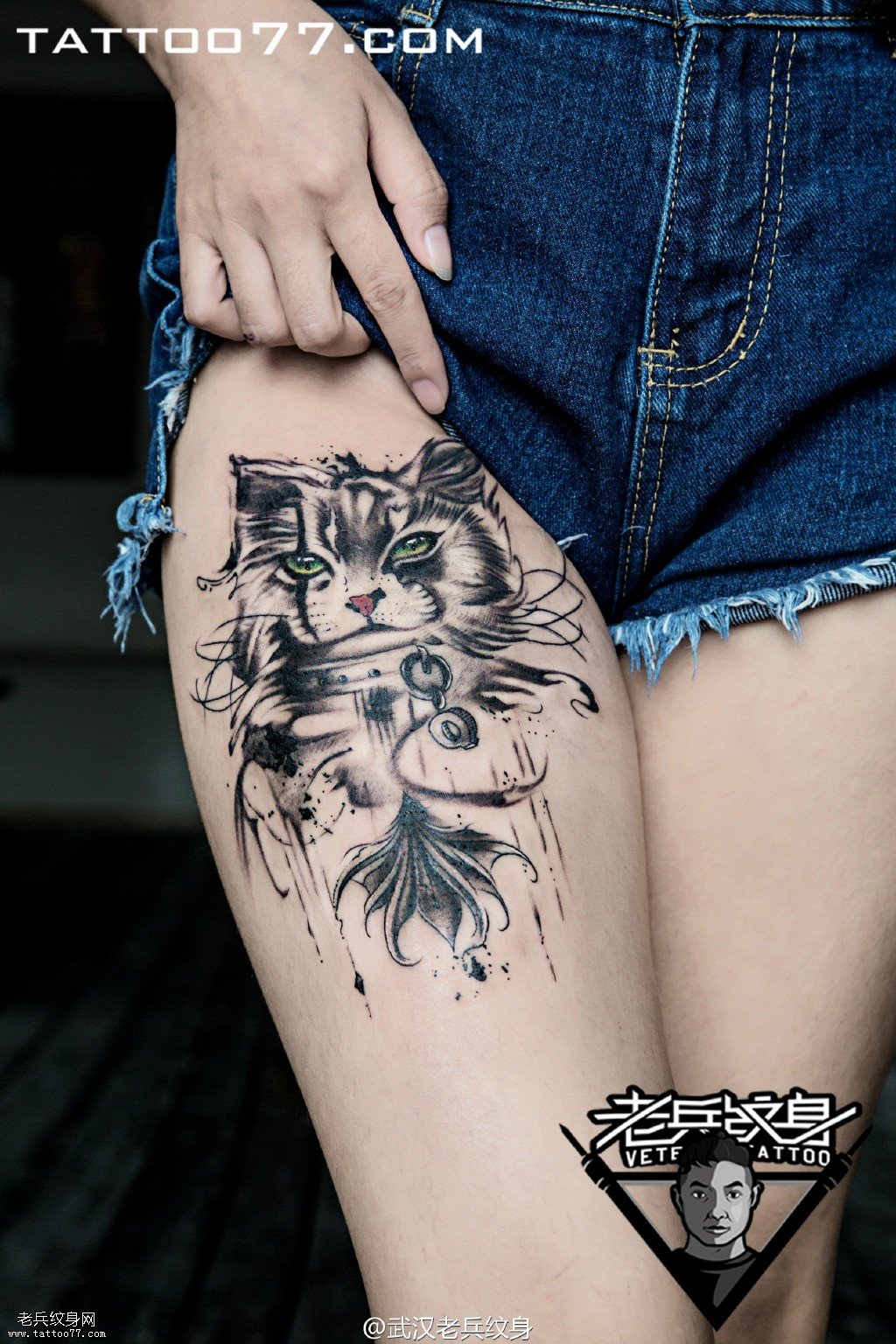 大腿猫咪纹身图案作品