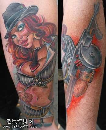 腿部海盗女孩纹身图案