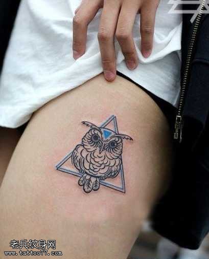 腿部三角猫头鹰纹身图案