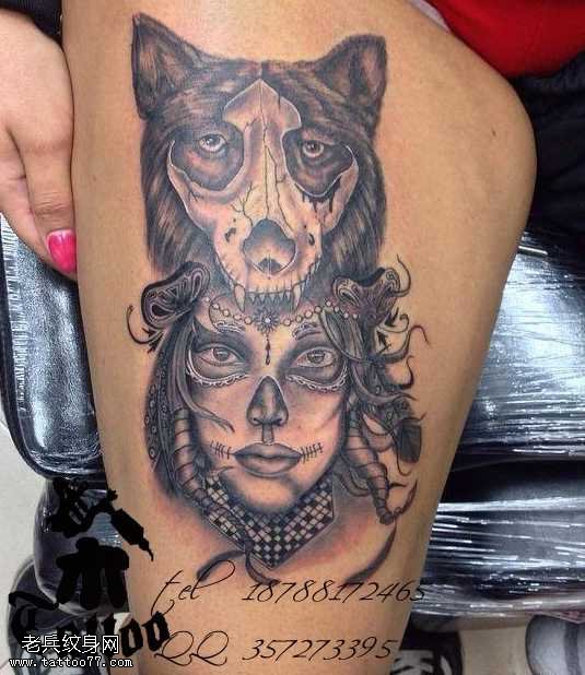 腿部狼女郎纹身图案