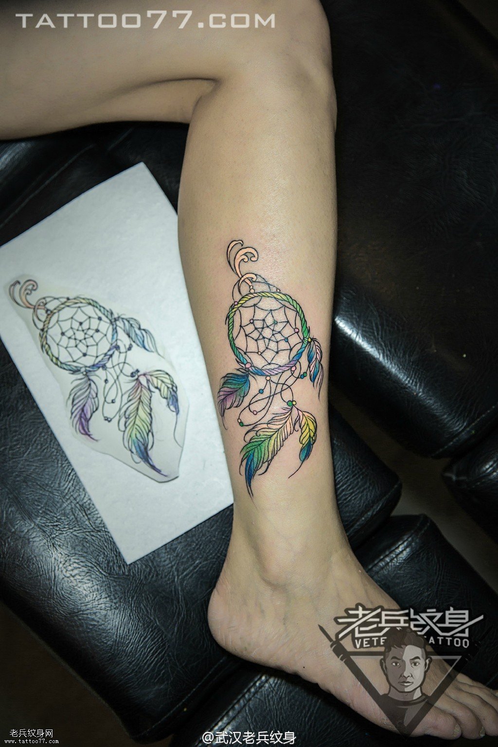 武汉女纹身师打造的小腿捕梦网纹身图案作品