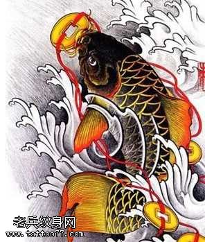 手稿漂亮金钱鲤鱼纹身图案