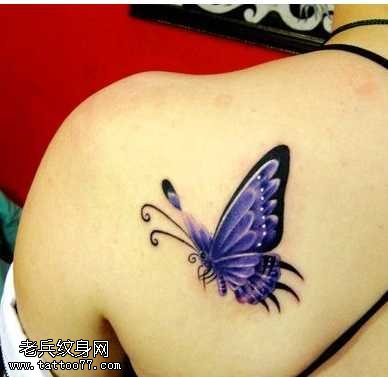 背部紫蝴蝶纹身图案