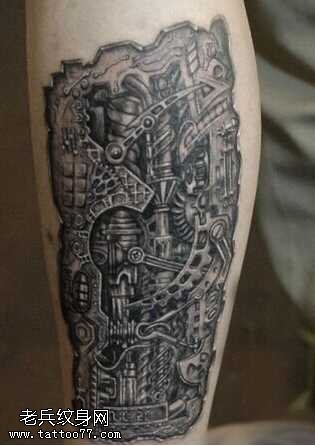 腿部潮流的3D机械纹身图案