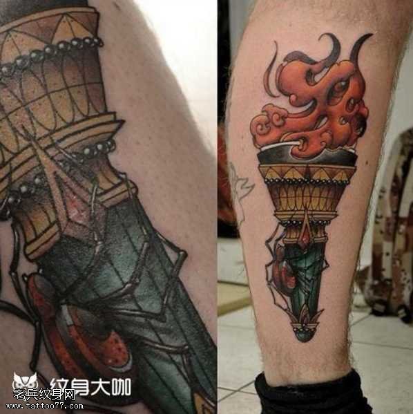 腿部火塔纹身图案
