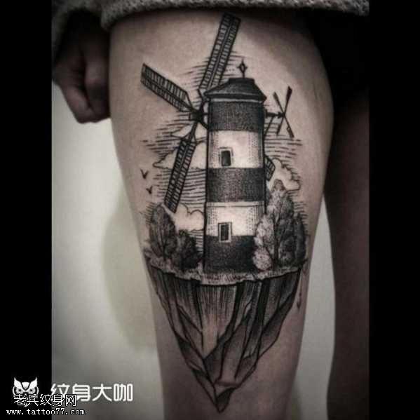 腿部黑灰风塔纹身图案
