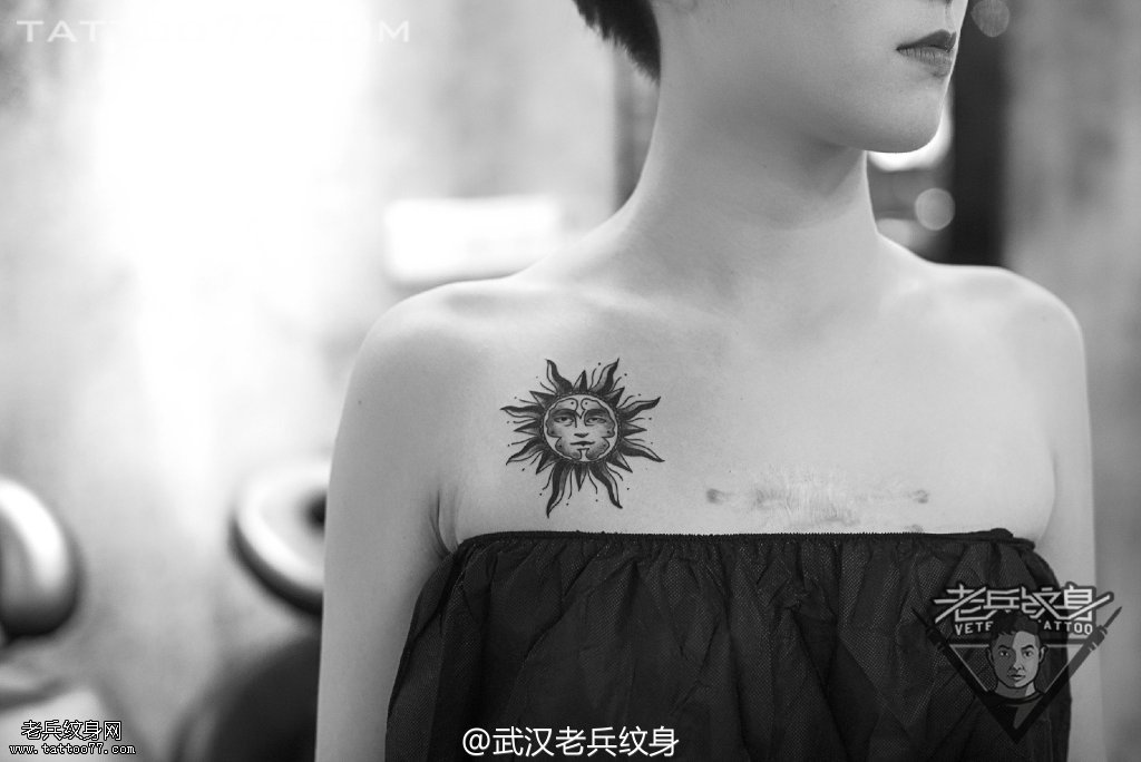 美女锁骨太阳纹身图案作品