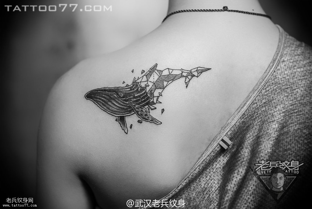 后背几何鲸鱼纹身图案作品