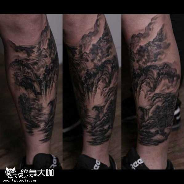 腿部美丽山水纹身图案