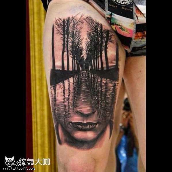 腿部古美丽脸纹身图案