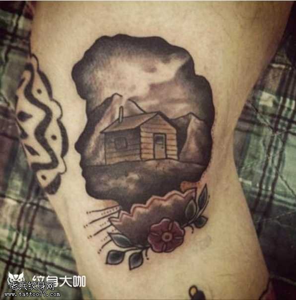 腿部建筑纹身图案