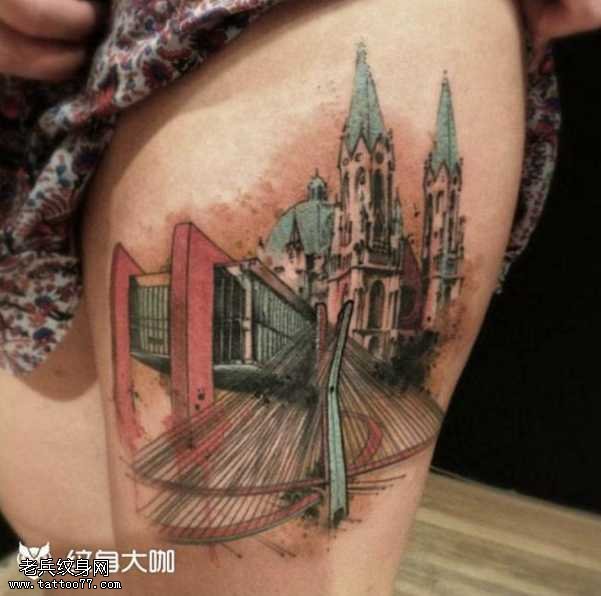 腿部建筑卡通纹身图案