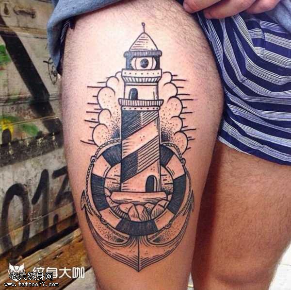 腿部灯塔纹身图案