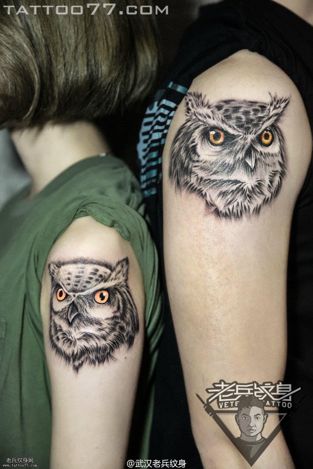 手臂情侣猫头鹰纹身图案作品