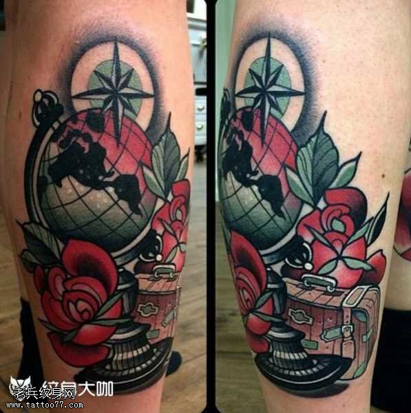 地球仪玫瑰纹身图案