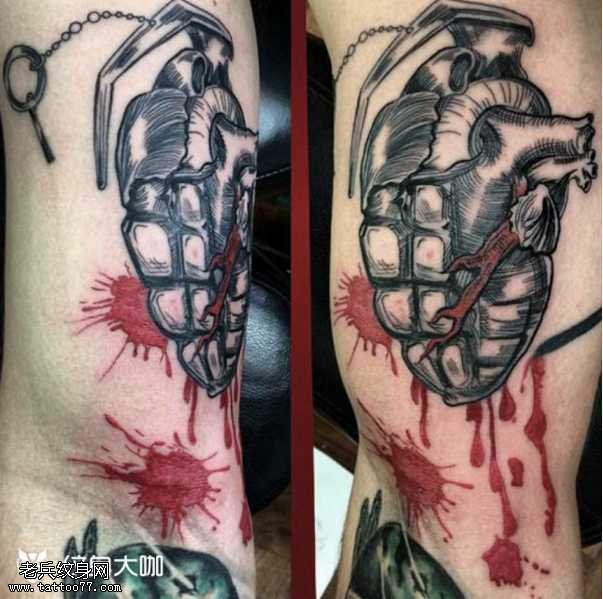 腿部手雷心纹身图案