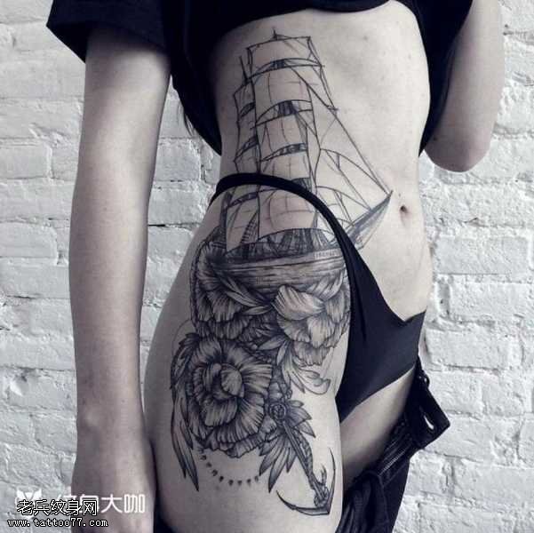 腿部花船纹身图案