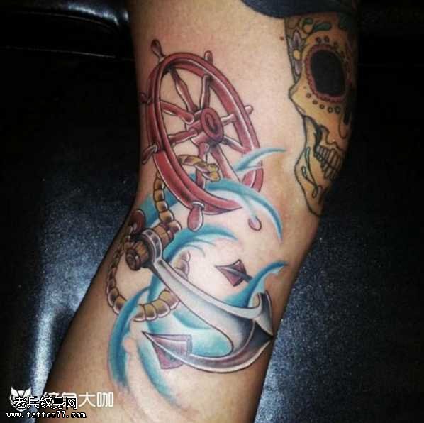 腿部轮船纹身图案