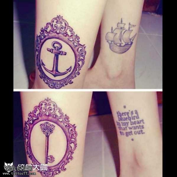 腿部镜船锚钥匙纹身图案