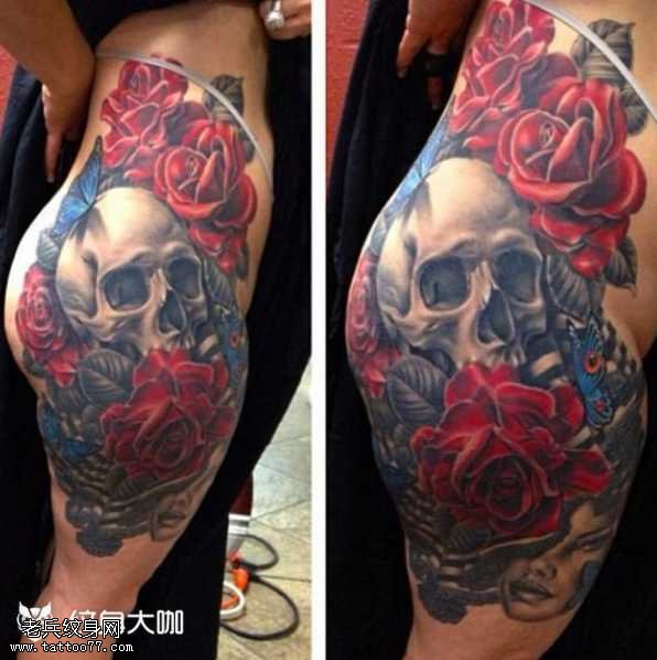 肩部骷髅玫瑰纹身图案