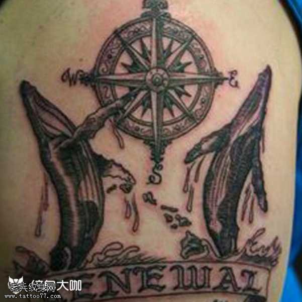 腿部指南针鲨鱼纹身图案