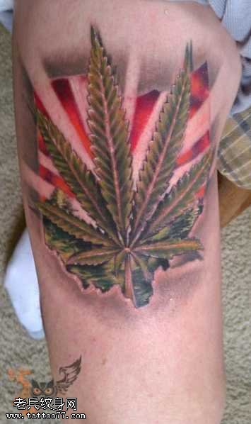 腿部大麻叶纹身图案
