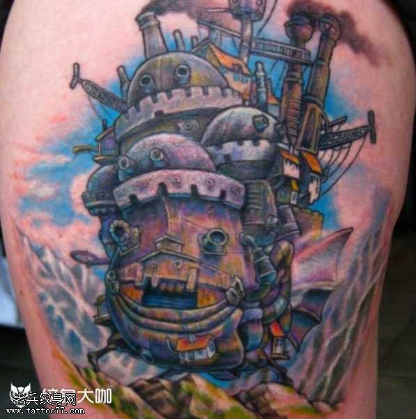 腿部古船纹身图案