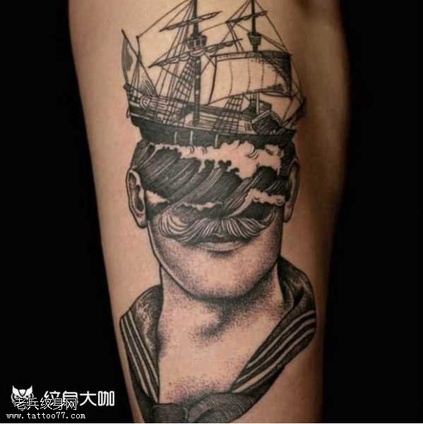 腿部头水浪船纹身图案