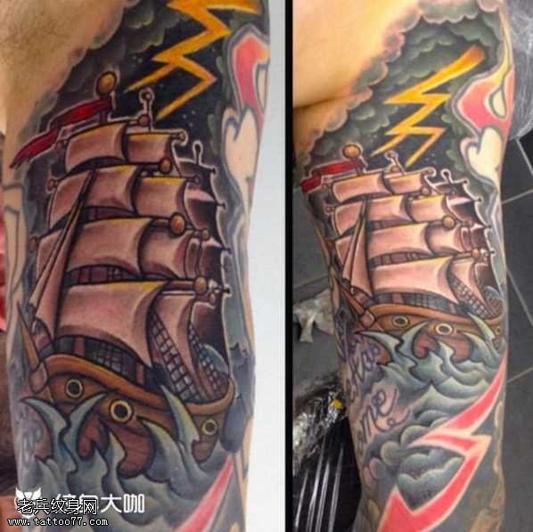 腿部船纹身图案