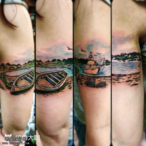 腿部小船纹身图案