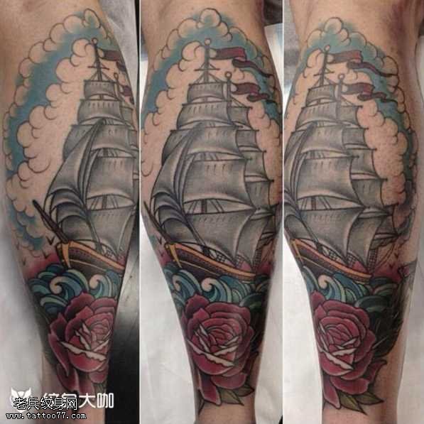 腿部玫瑰船纹身图案