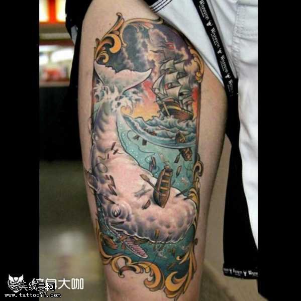 腿部鲸鱼残船纹身图案