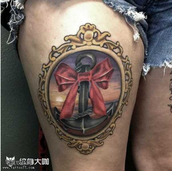 腿部蝴蝶结纹身图案