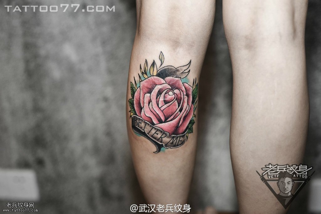 小腿玫瑰花纹身图案作品遮盖疤痕