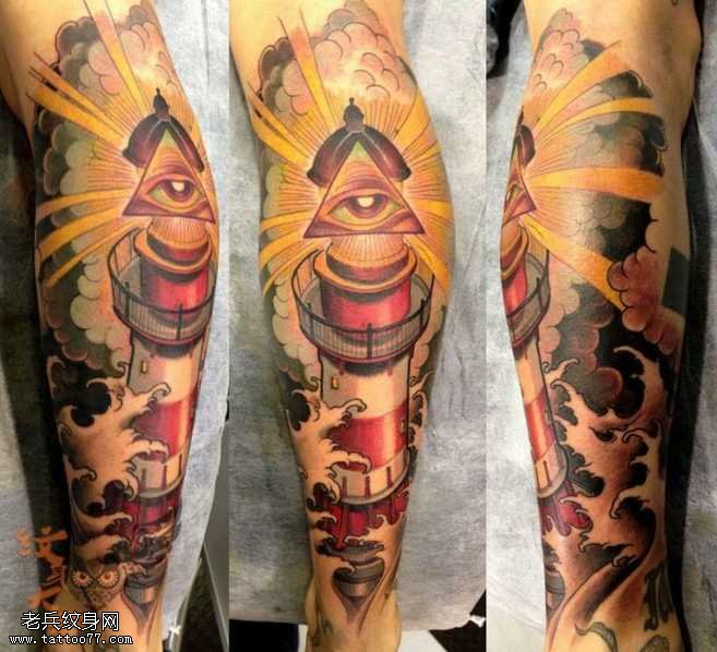 腿部灯塔纹身图案