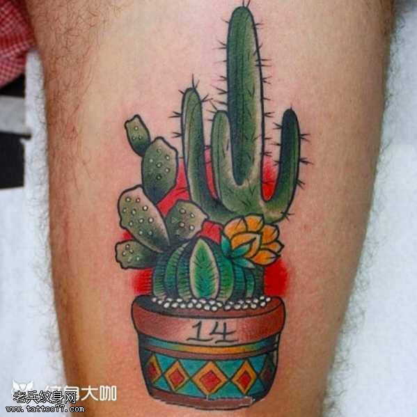 腿部仙人掌纹身图案