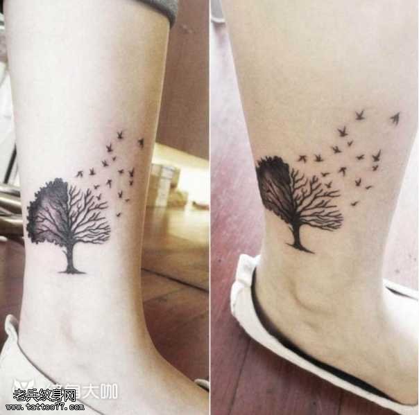 腿部树木纹身图案